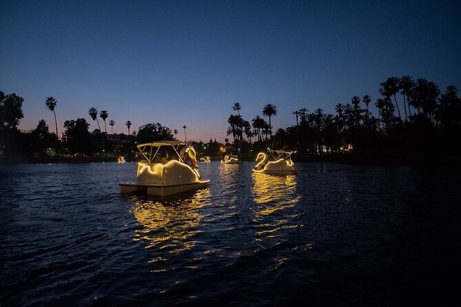 Swan Boat Night Ride at Echo Park Lake - The lake at night: fountain, lights, and city views